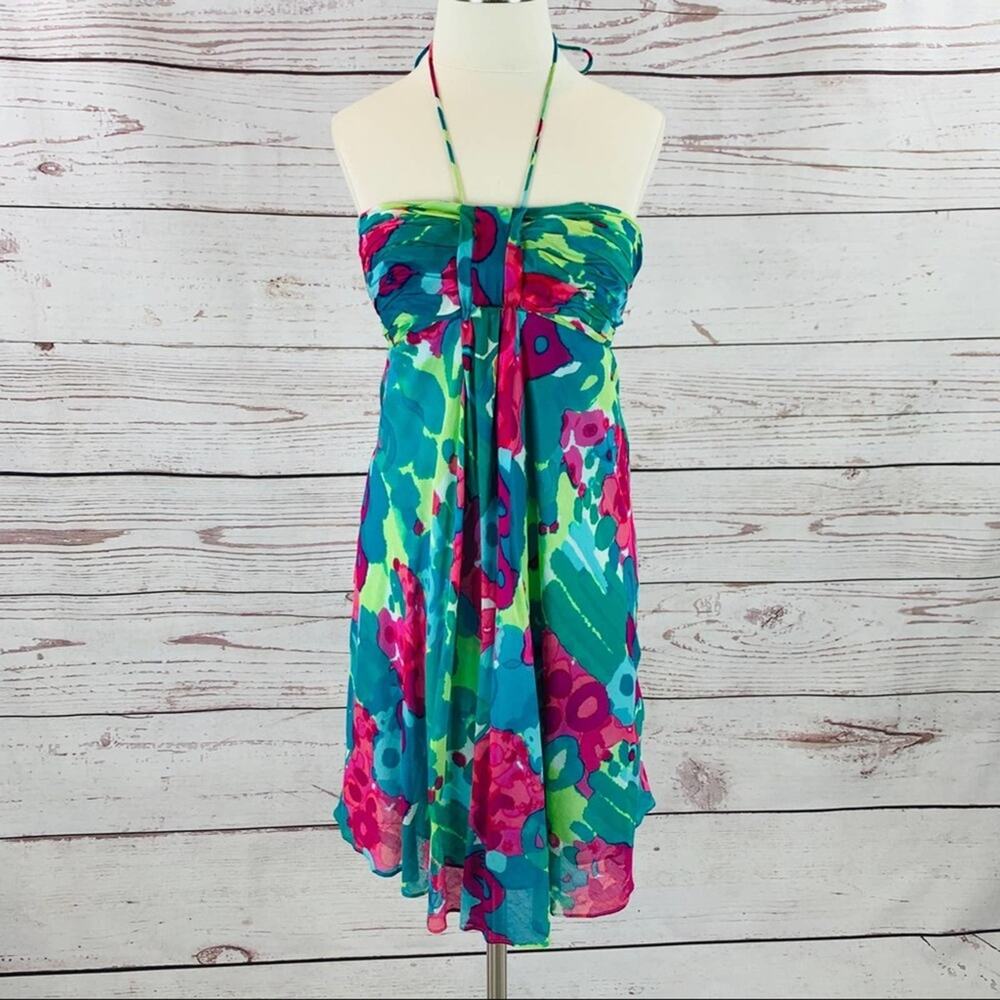 Nine West silk cotton sundress watercolor tie neck